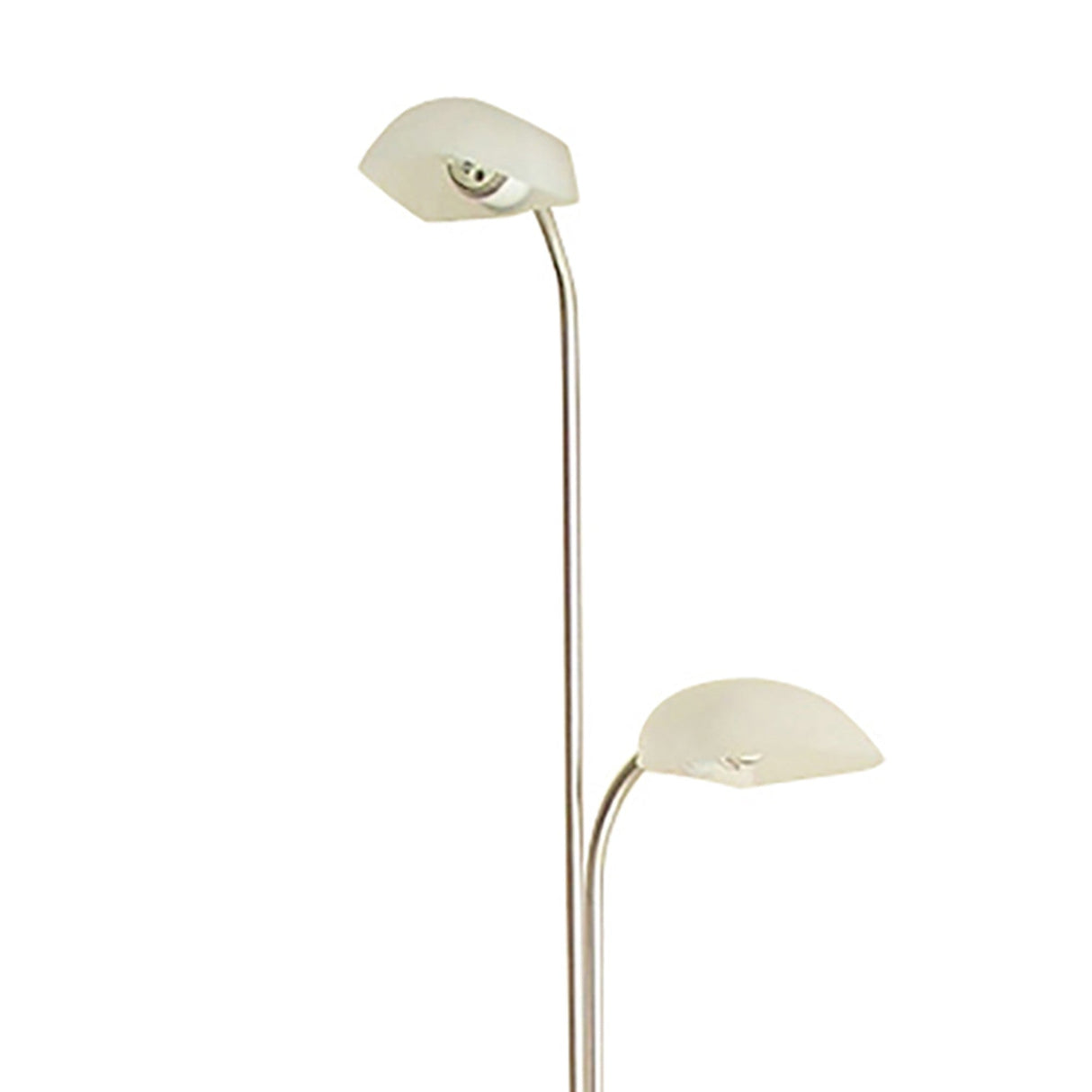 The Udine 2 Light Frosted Glass Floor Lamp in satin chrome features dual upward-facing frosted glass shades on curved metal stems, shown against a plain white background.