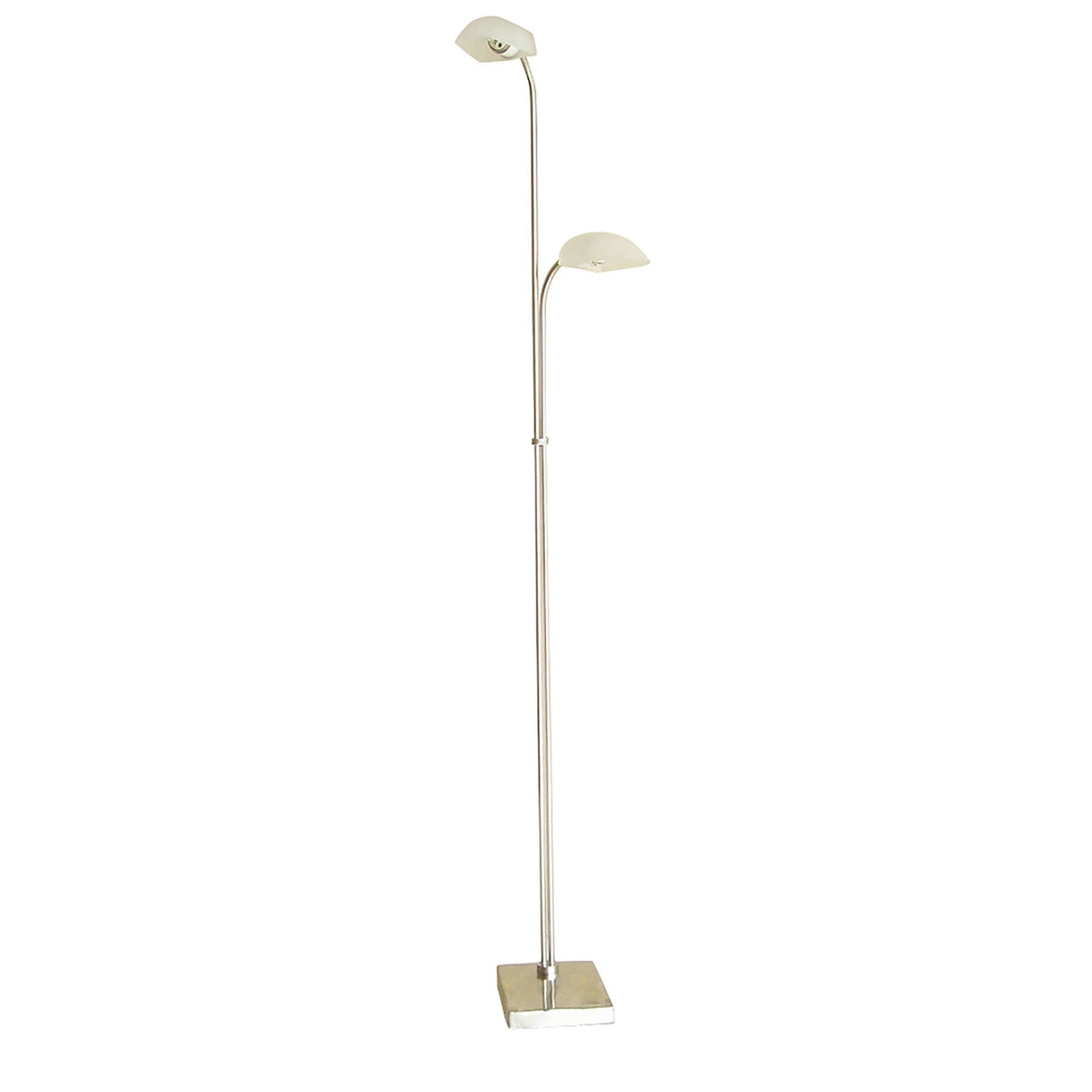 The Udine 2 Light Frosted Glass Floor Lamp in satin chrome features a sleek, minimalist design with a silver base and stem, two upward-curving arms, and small frosted glass shades. Perfect for modern interiors.