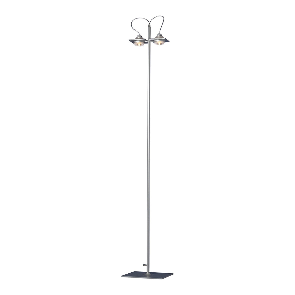 The Ull 2 Light Floor Lamp - Silver features a slim metal pole, a rectangular base, and two upward-facing cone fixtures—ideal for adding modern, industrial-inspired ambient lighting to any space.
