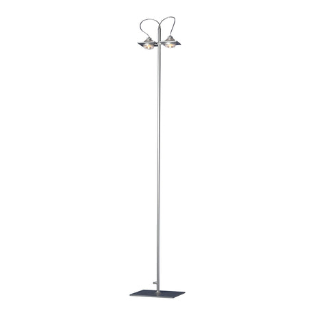 The Ull 2 Light Floor Lamp - Silver features a slim metal pole, a rectangular base, and two upward-facing cone fixtures—ideal for adding modern, industrial-inspired ambient lighting to any space.