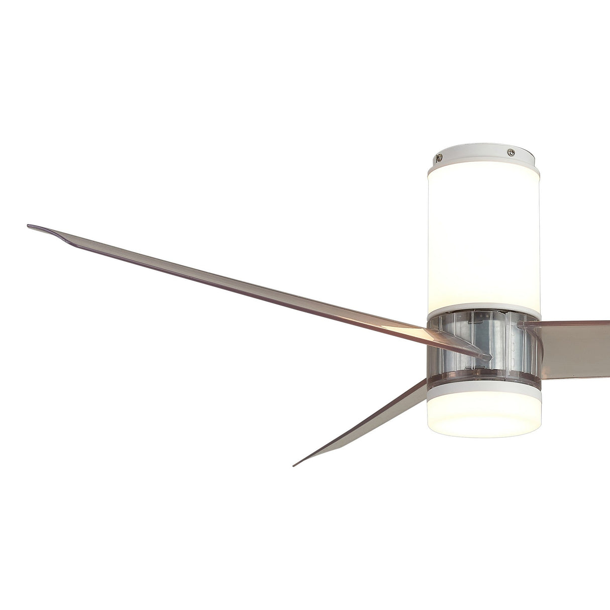 Mantra Up Down CCT dimmable LED ceiling fan light in white with cylindrical diffuser housing and three grey blades, shown side-on against a white background.