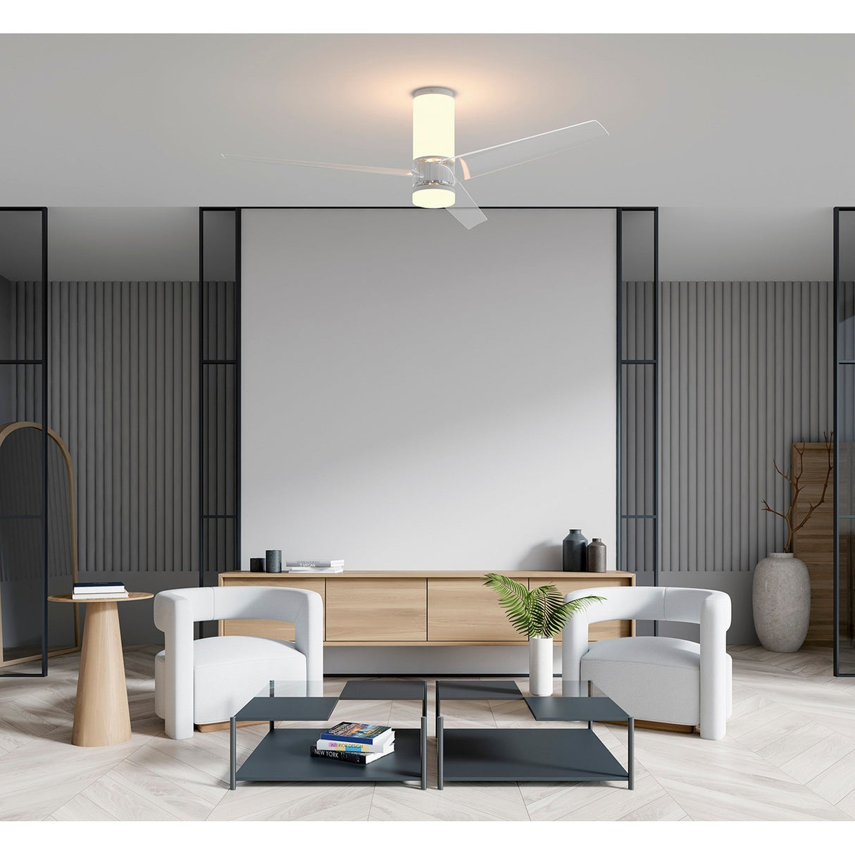 Mantra Up Down white LED ceiling fan light with three blades and illuminated cylindrical housing, installed in a modern grey living room with armchairs.