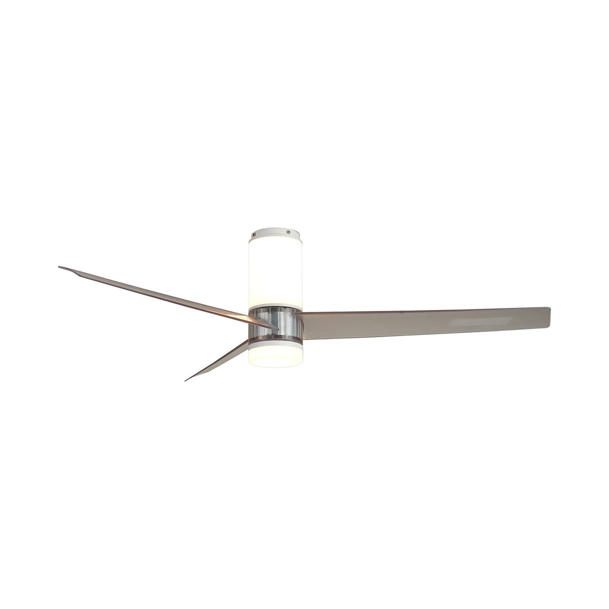Mantra Up Down LED ceiling fan light with white cylindrical housing, diffuser panels, and three flush-mounted grey blades on a white background.