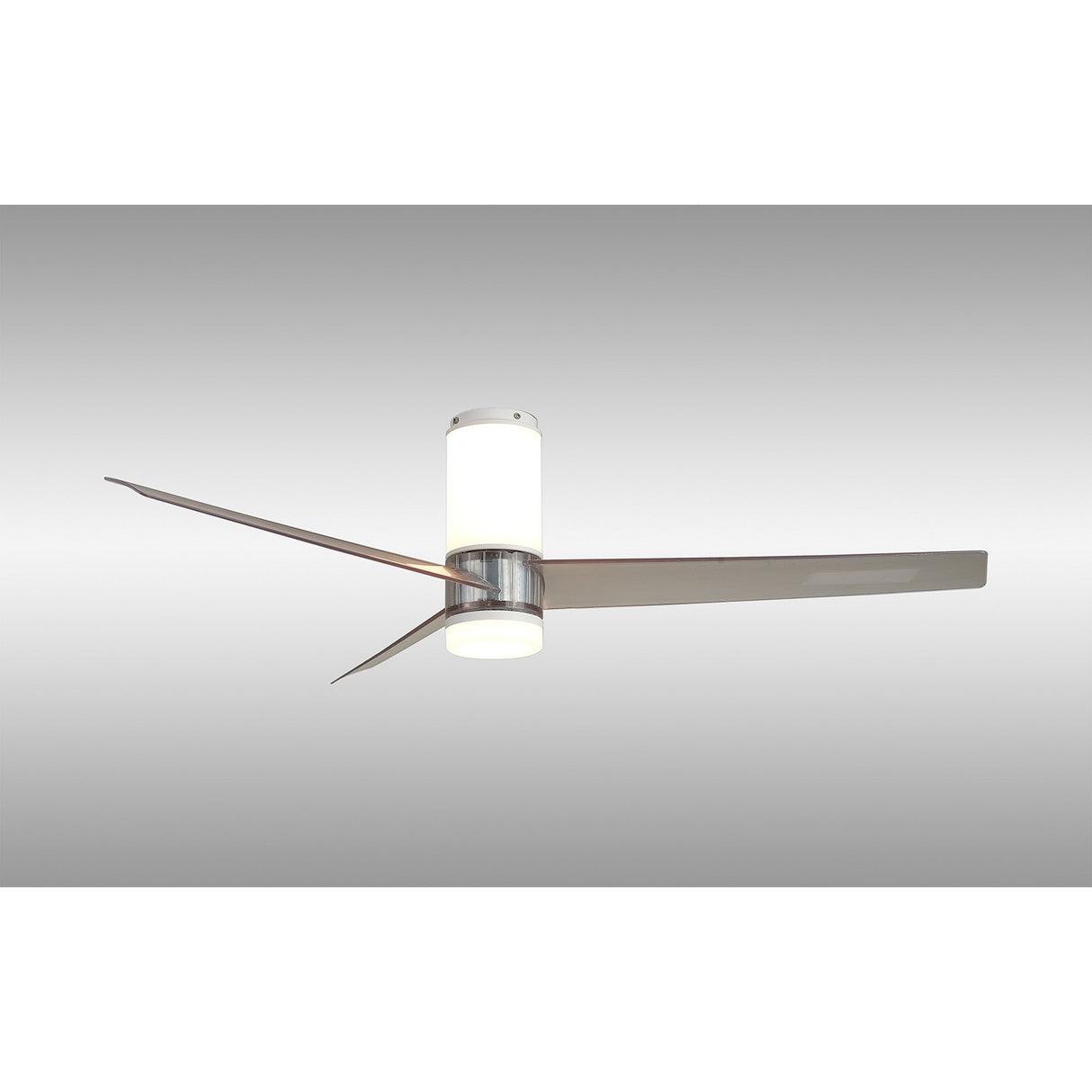 Mantra Up Down CCT dimmable LED ceiling fan light in white with cylindrical housing, diffuser panels, and three grey blades, shown from below.