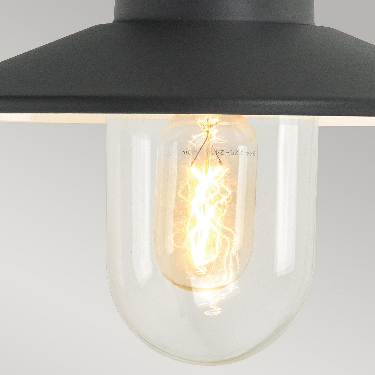 Close-up of a vintage-style light bulb with a visible filament glowing warmly inside a clear glass enclosure, featured in the Vansbro Outdoor 1 Light Wall Lantern crafted from black metal and galvanized steel, providing an IP55 rating for superior weather resistance.