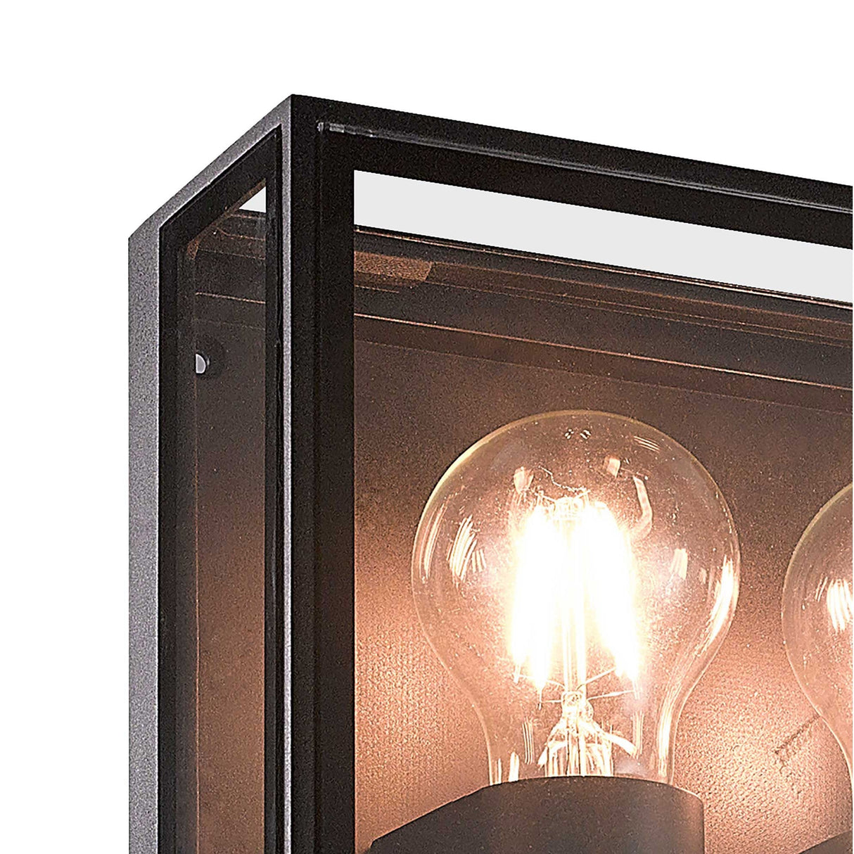 Close-up of Mantra Verbier 2 Light Outdoor Wall Light in anthracite, showing the square metal frame, clear glass panels and lit E27 filament bulbs.
