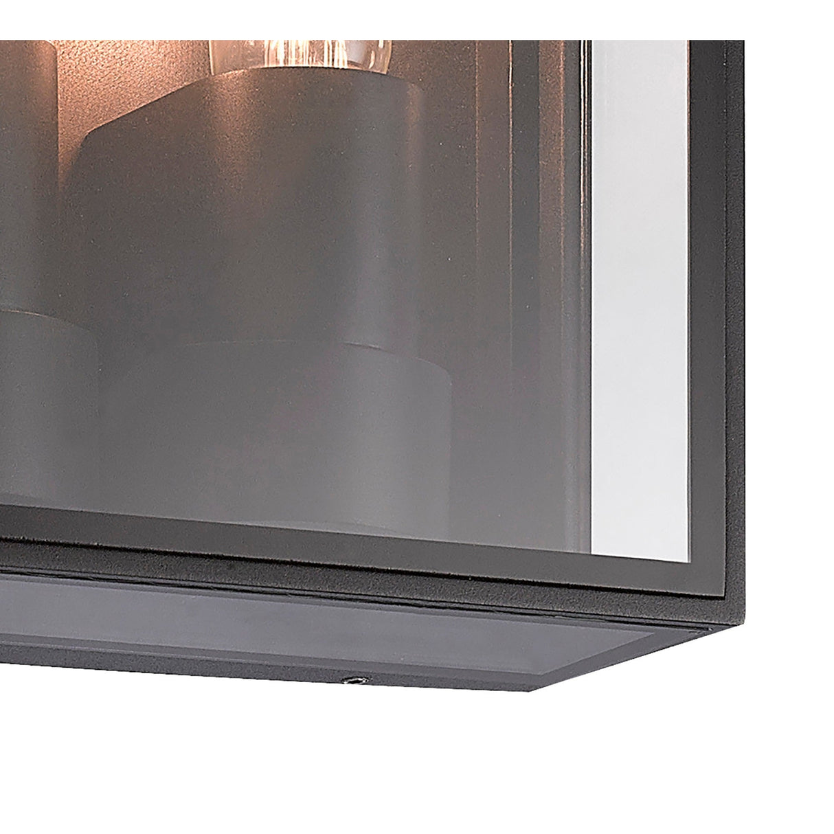 Close-up of Mantra Verbier 2 Light outdoor wall light showing the anthracite metal frame corner, clear glass panel, and E27 bulb inside the box.
