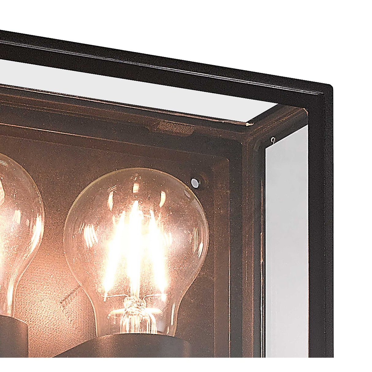 Close-up of Mantra Verbier 2 Light Outdoor Wall Light in anthracite, showing the square metal frame, clear glass panel and lit E27 filament bulb.