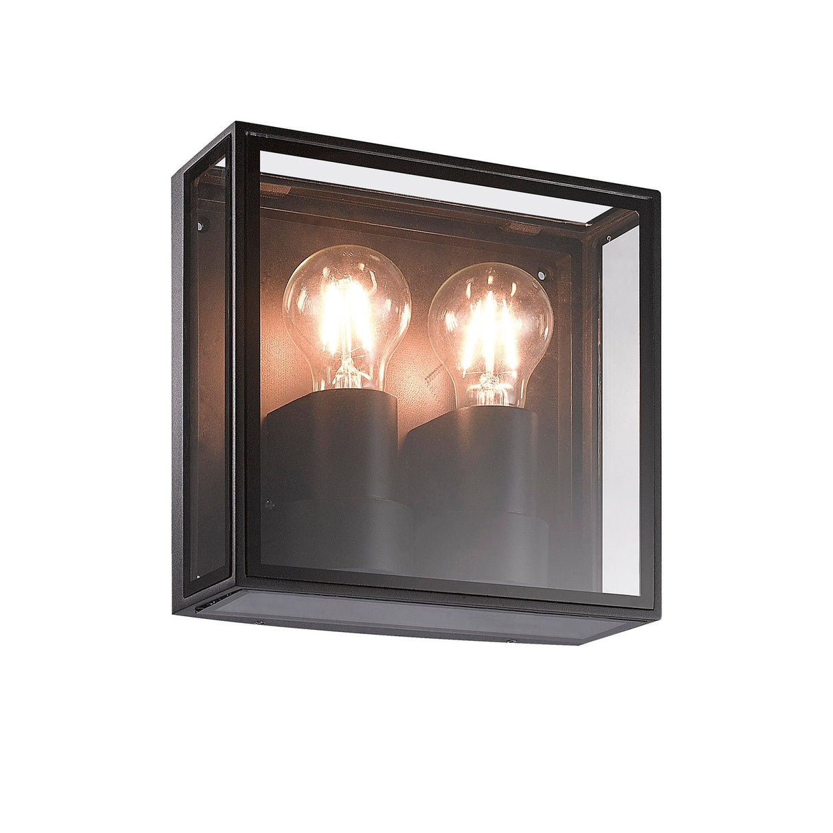 Mantra Verbier 2 light outdoor wall light with square anthracite metal frame, clear glass panels, and two vertical E27 bulbs, IP65 rated.