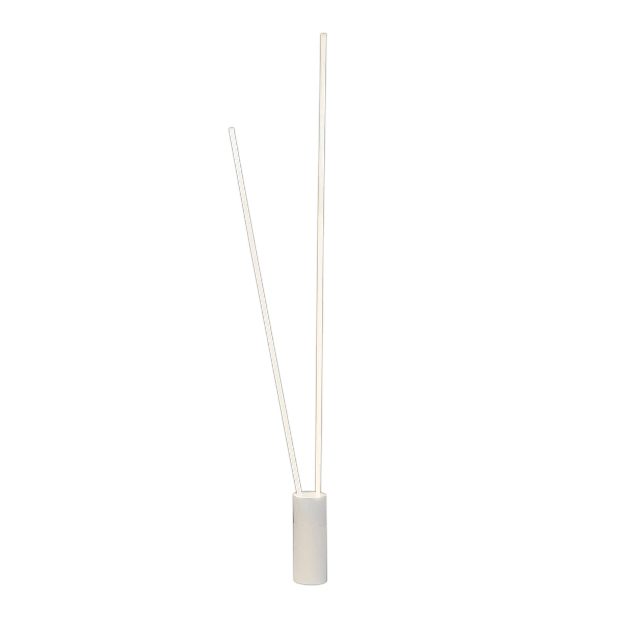 The Vertical Dimmable LED Floor Lamp 44W 3000K - White features two sleek, vertical rods of varying heights on a white cylindrical base, making it ideal for modern, minimalist interior lighting.
