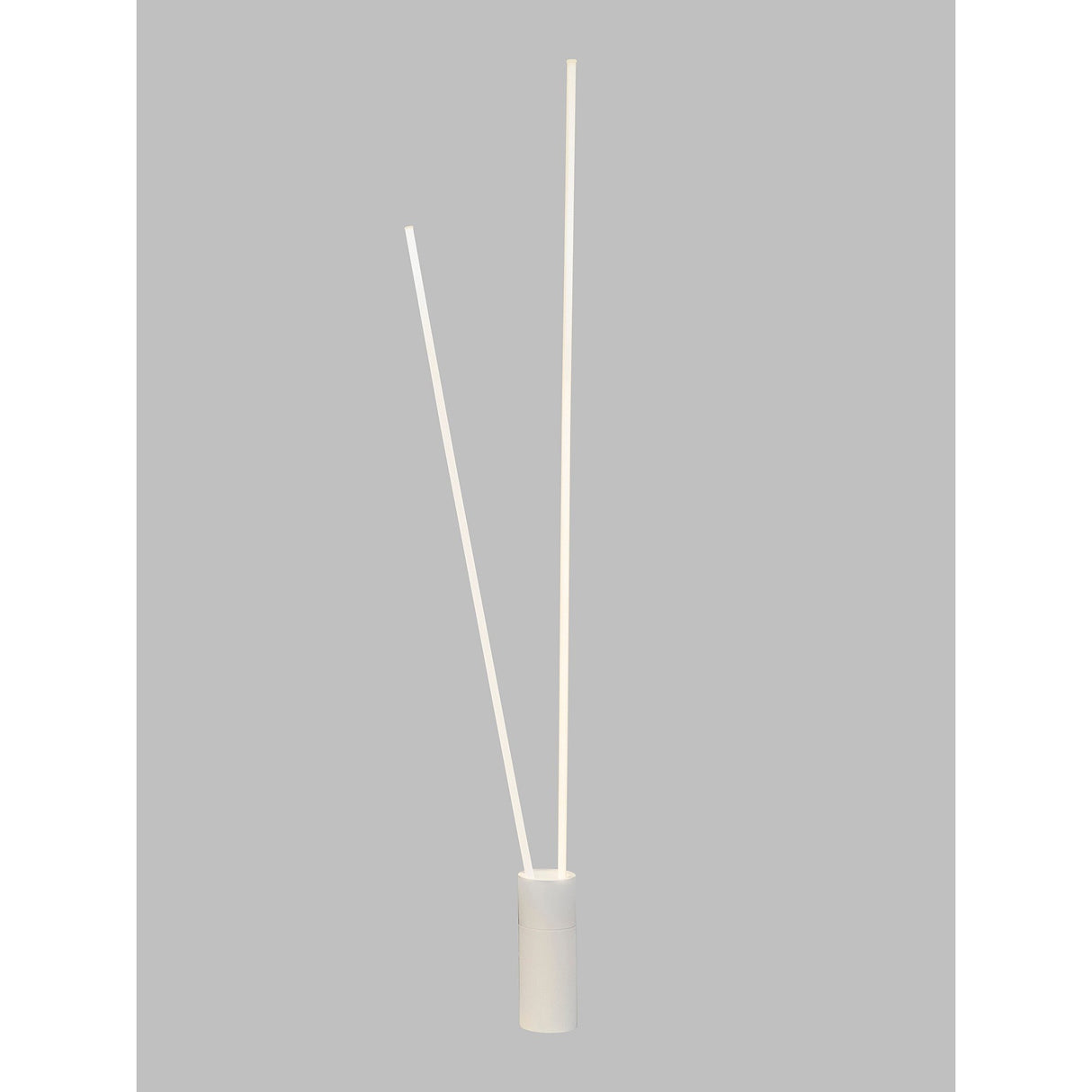 The Vertical Dimmable LED Floor Lamp 44W 3000K - White features a minimalist design with a white cylindrical base and two slim rods at different angles, ideal for modern interiors, shown against a plain gray background.