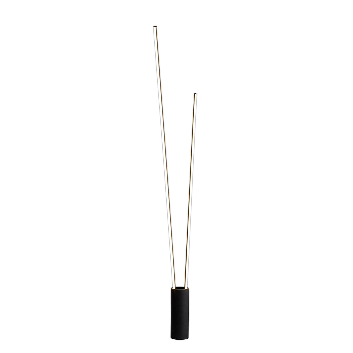 The Vertical Dimmable LED Floor Lamp 44W 3000K - Black features a sleek black cylindrical base and two slim angled rods, offering adjustable lighting and a contemporary touch to any room.