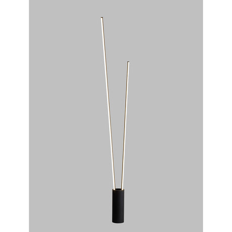 The Vertical Dimmable LED Floor Lamp 44W 3000K - Black features two sleek, vertical light rods of varying heights on a black cylindrical base, shown against a plain gray background.