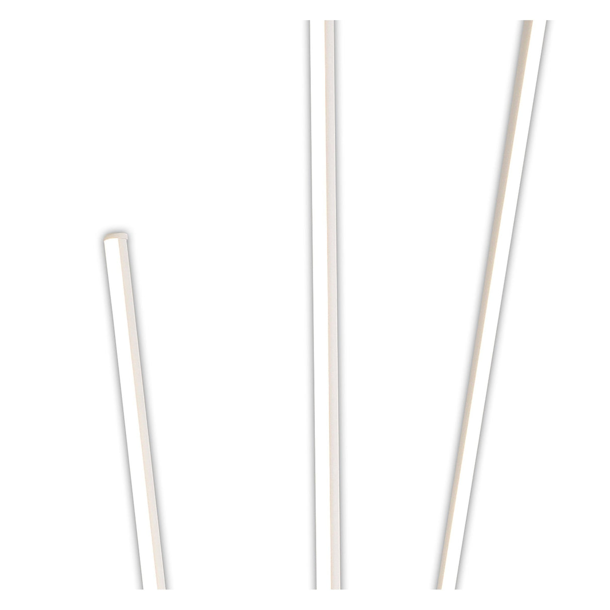 Three slender, white plastic straws are arranged diagonally against a white backdrop, evoking the clean lines and minimalist style of the Vertical Dimmable LED Floor Lamp 60W 3000K - White.