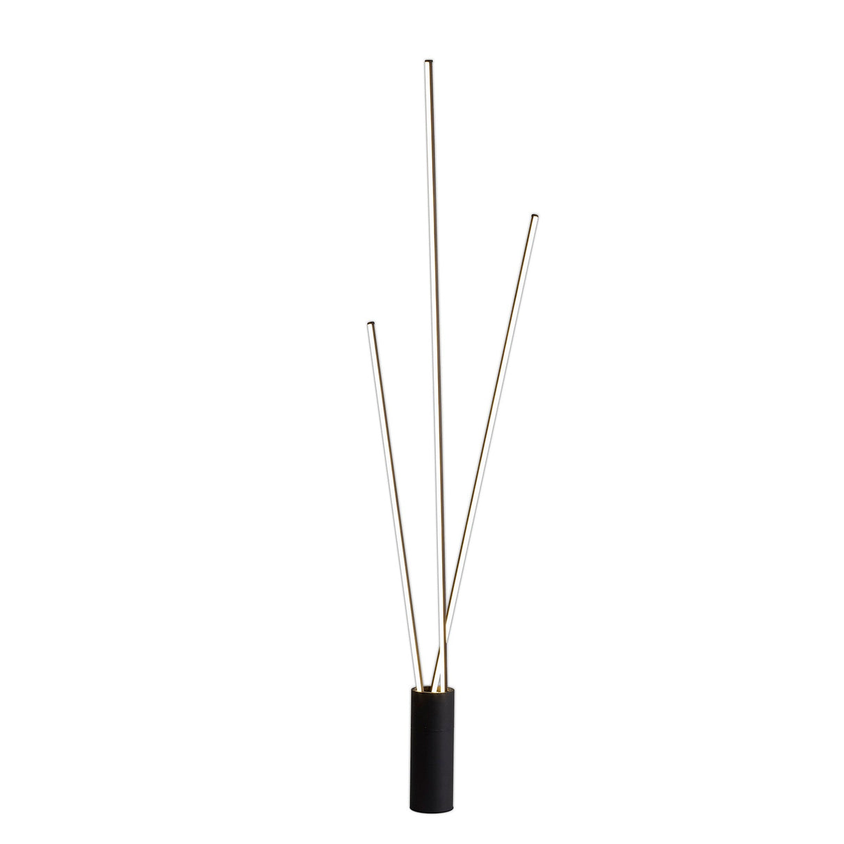 The Vertical Dimmable LED Floor Lamp 60W 3000K - Black features three slim, angled rods on a cylindrical base, offering energy-efficient, striking ambient lighting with a sleek, minimalist design for modern spaces.