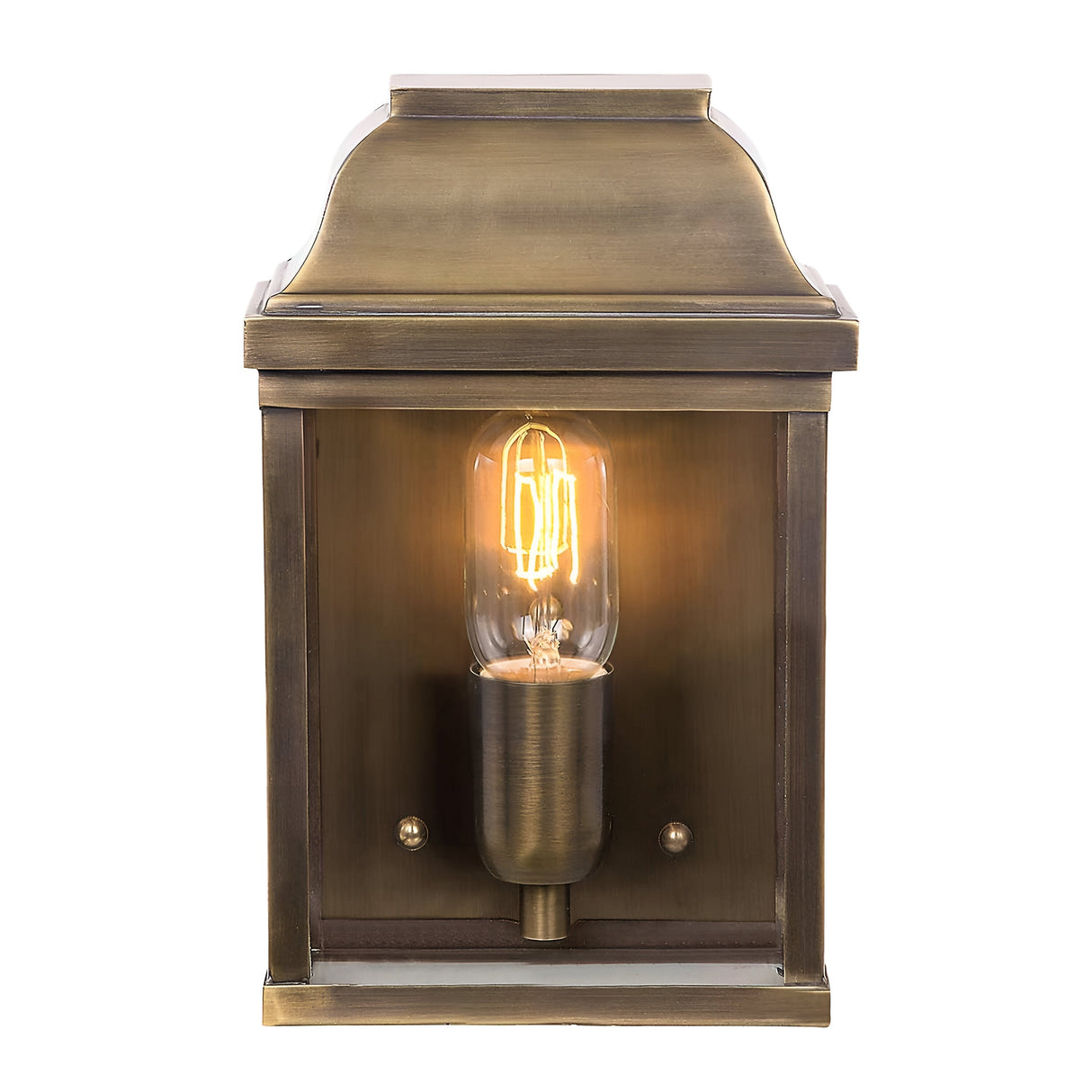 The aged brass of the Victoria 1 Light Outdoor Wall Light amplifies its vintage charm, featuring an exposed filament bulb that emits a warm glow. Its square form and decorative top exude a classic, antique style suitable for any setting. With an IP44 rating, it is ideal for outdoor use thanks to its weather resistance.