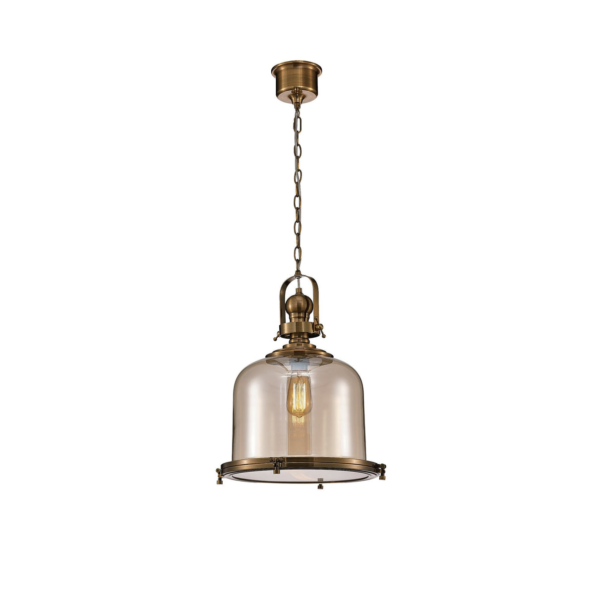 Vintage 38cm Bell 1 Light Glass Pendant Light - Antique Brass & Amber