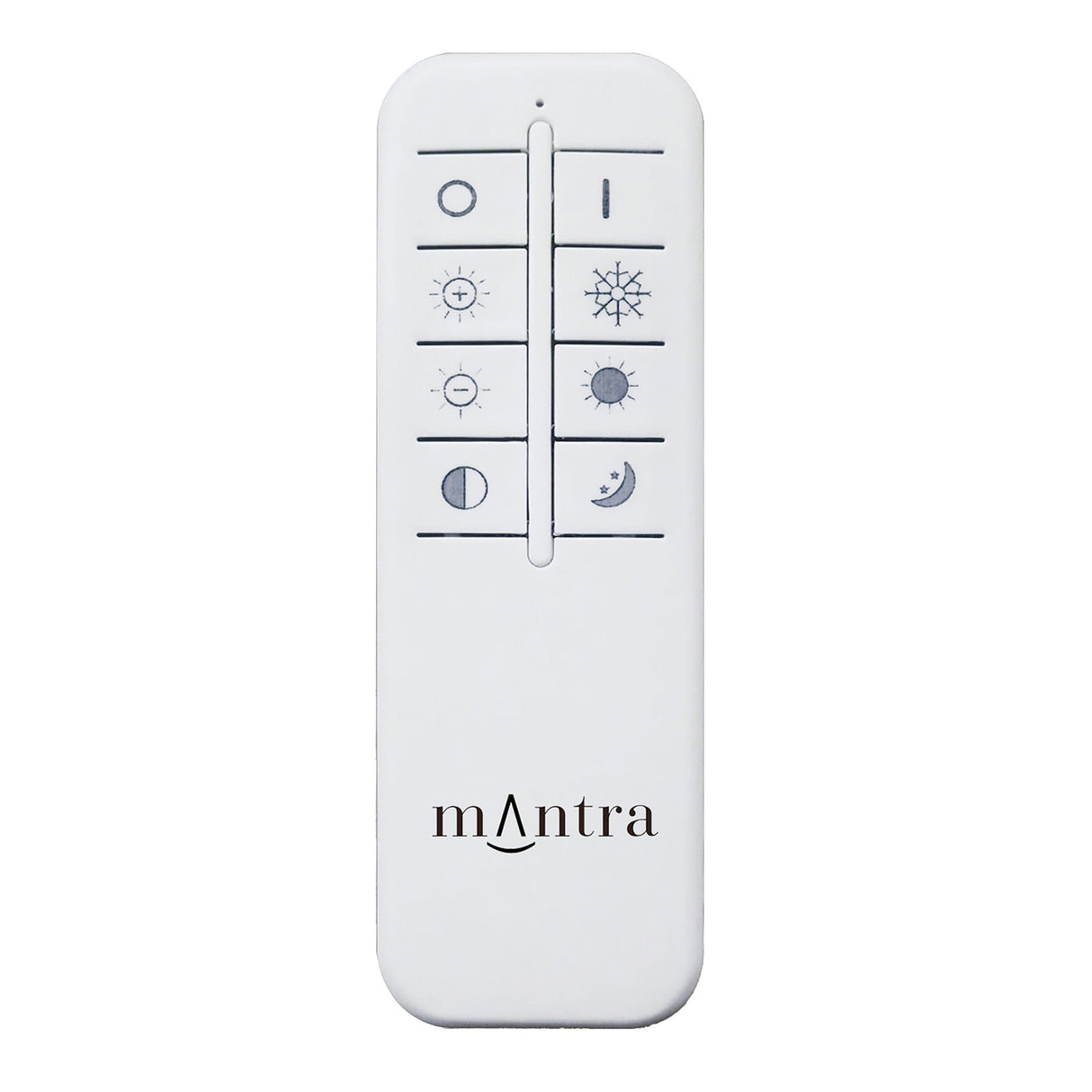 Mantra Virgin white remote control with brightness, colour temperature and on/off buttons for the CCT dimmable LED flush ceiling light, on white.
