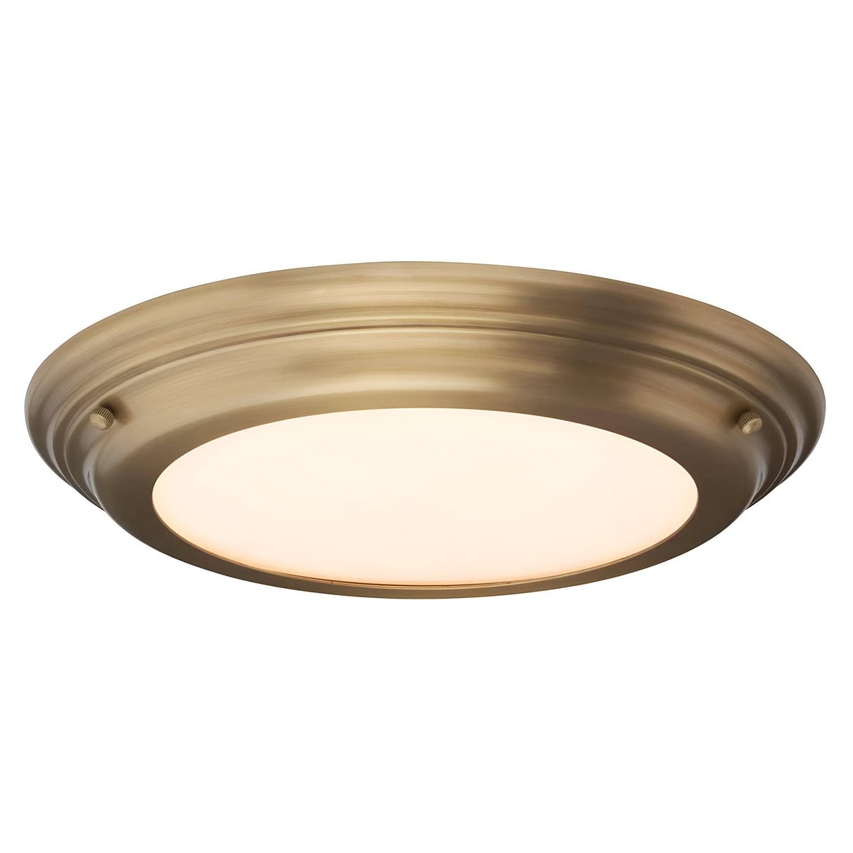 Introducing the Welland LED Light Flush in Aged Brass, featuring a round design with a smooth, frosted glass cover. This ceiling light fixture boasts a sleek and modern look, perfect for complementing various home decor styles. With an IP54 rating, it ensures durability against dust and water ingress.