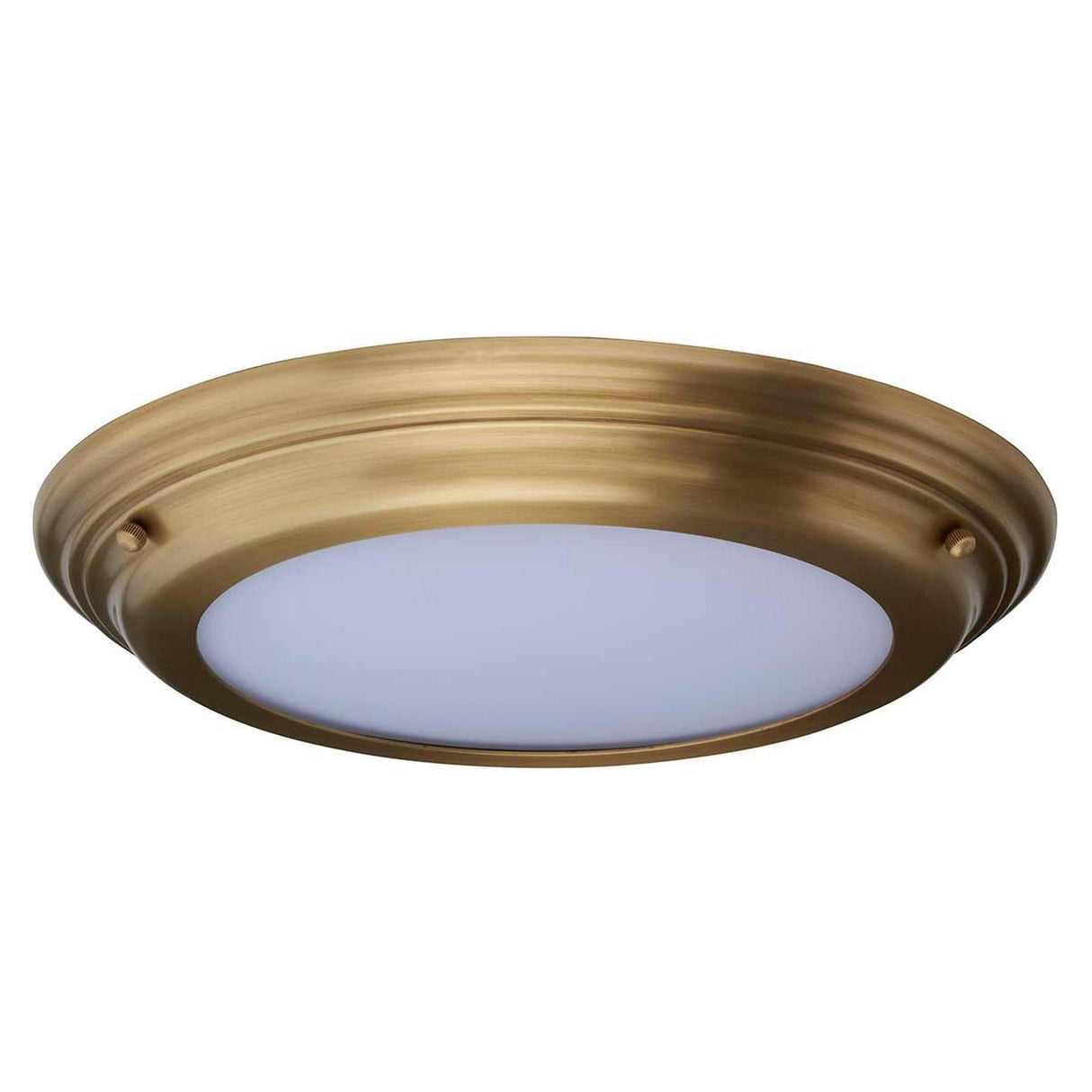 The Welland LED Light Flush - Aged Brass is a round ceiling fixture with an aged brass finish and a frosted white diffuser, designed for even lighting. Its sleek and minimalistic design is IP54 rated for durability, making it suitable for various interior settings.