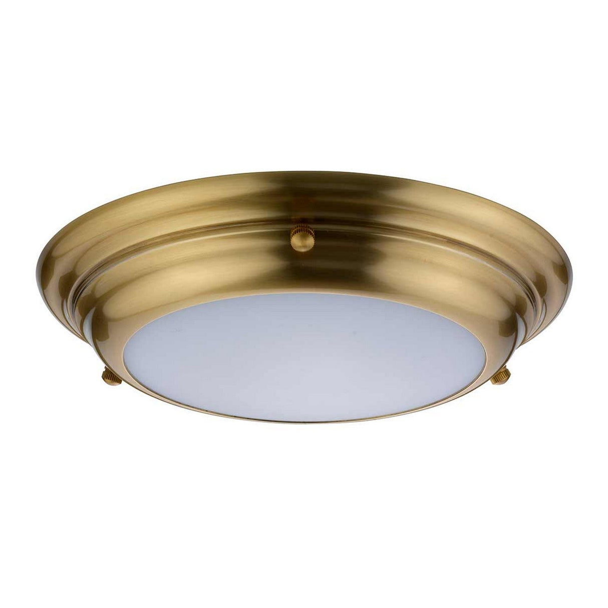 The Welland LED Light Mini Flush in aged brass offers a classic design with its round ceiling light fixture and frosted white diffuser. Its central circular base and decorative rim add an elegant touch, while the IP54 rating ensures durability and protection.