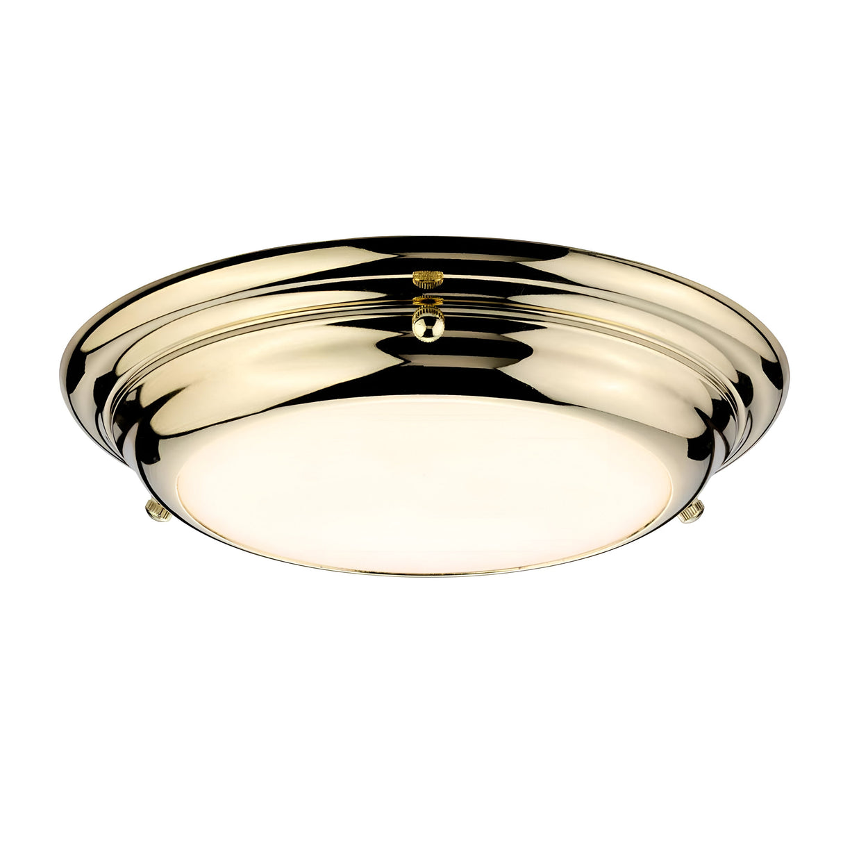 The Welland LED Light Mini Flush in polished brass features a smooth, circular design with a frosted glass diffuser, providing classic and elegant illumination for indoor spaces.