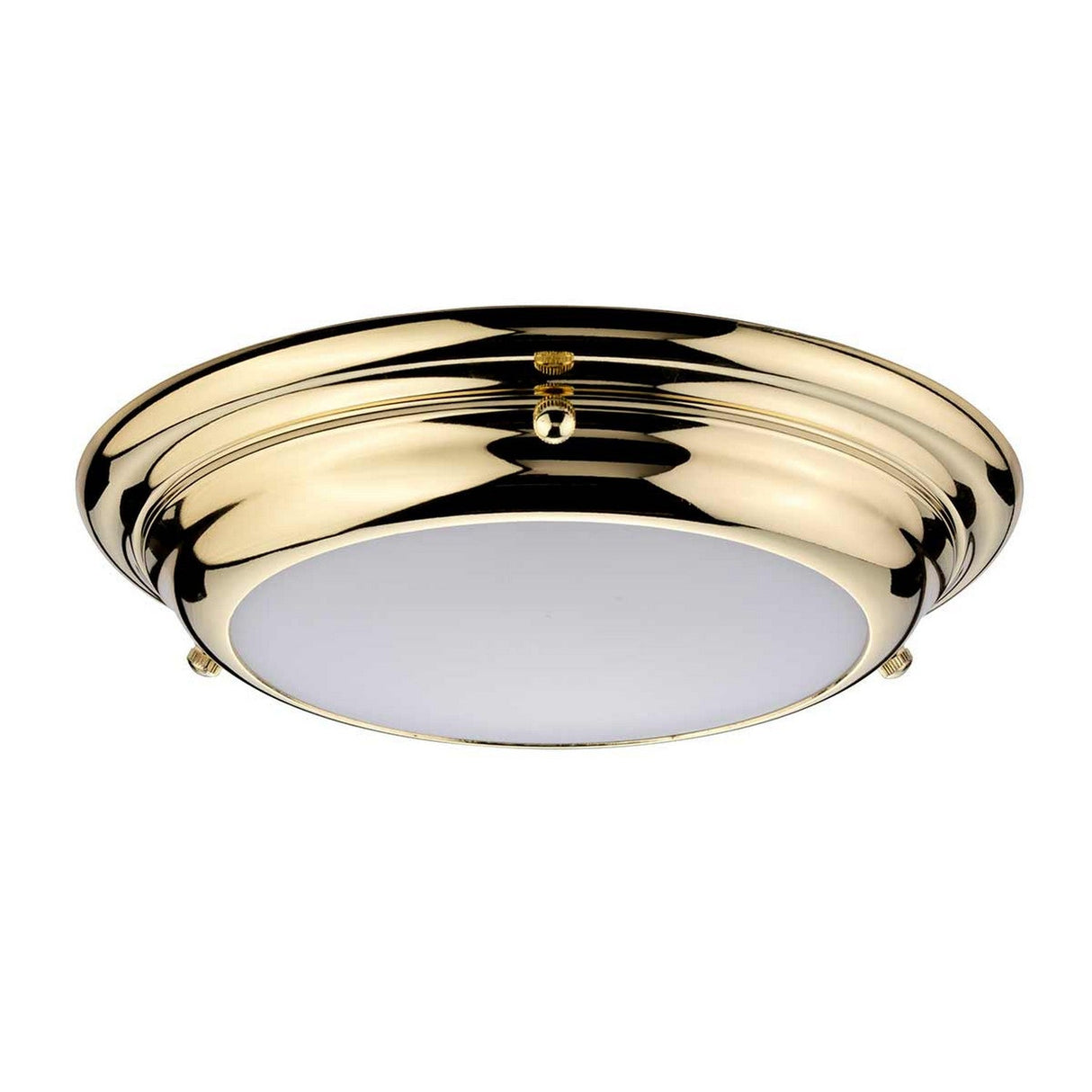 The Welland LED Light Mini Flush in polished brass has a circular white frosted glass center, a smooth rim design, and is IP54 rated for durability in damp areas.
