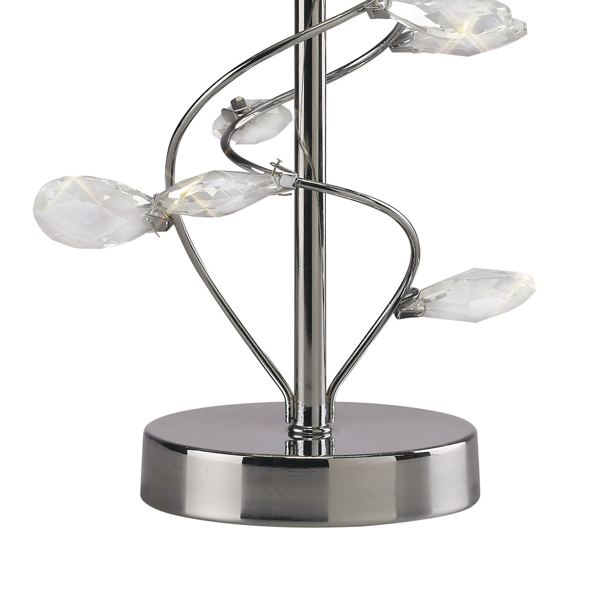 The Willow 1 Light Crystal Table Lamp features a modern chrome base, with curved metal wires and sparkling crystal accents spiraling elegantly around the main rod. Topped with a white shade, it adds a touch of elegance to any room.