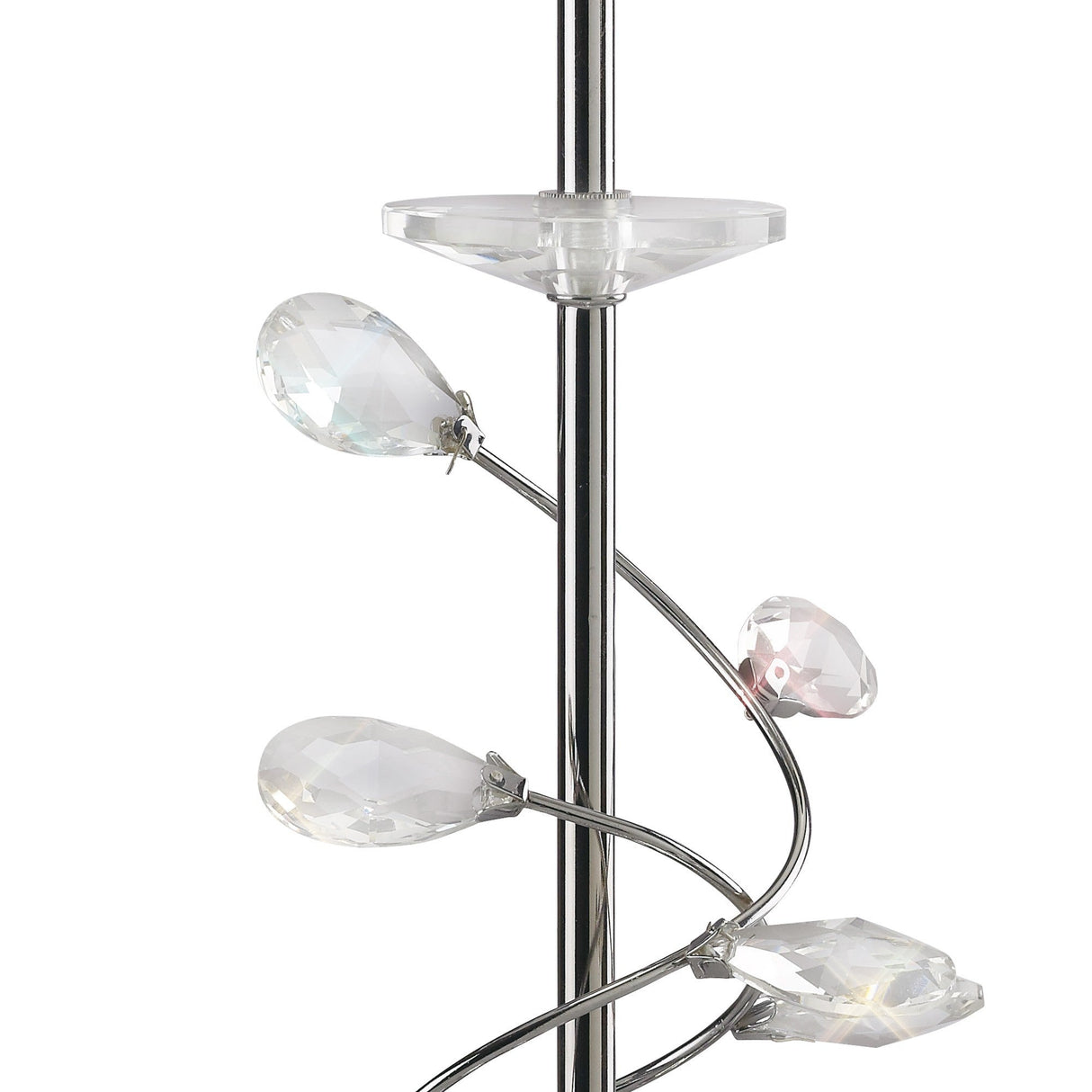 Close-up of the Willow 1 Light Crystal Table Lamp, featuring a chrome finish, curved metal arms with teardrop-shaped clear crystal accents, and topped with a white shade for an elegant and decorative look.