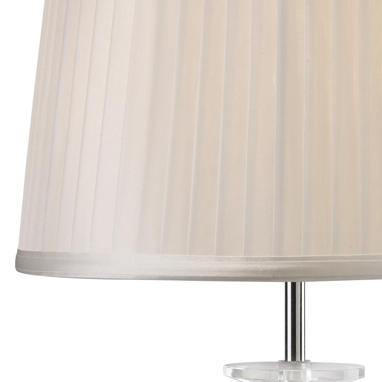 A close-up of the Willow 1 Light Crystal Table Lamp, featuring a white pleated shade, chrome metal stand, and crystal accents on its clear round base, set against a plain white background.