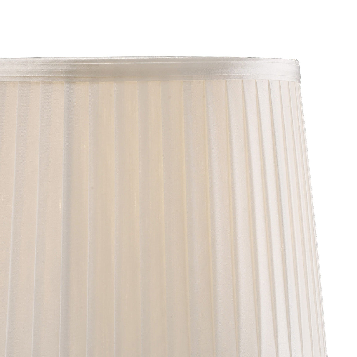 Close-up of the Willow 1 Light Crystal Table Lamp featuring a white, pleated lampshade with vertical lines and a subtle chrome finish, set against a white background.
