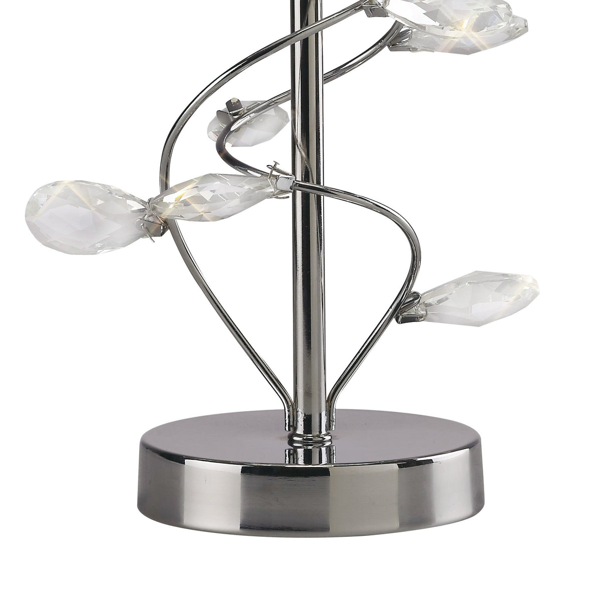 A close-up of the Willow 1 Light Crystal Table Lamp in chrome, featuring a central pole with decorative clear crystal accents spiraling around it and topped with a cream shade.