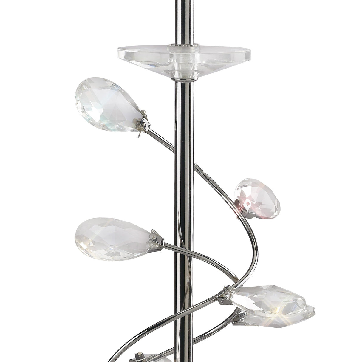The Willow 1 Light Crystal Table Lamp in chrome features faceted crystal leaves on curved metal branches, reflecting light for subtle colorful highlights. It comes with a cream shade for a contemporary touch.