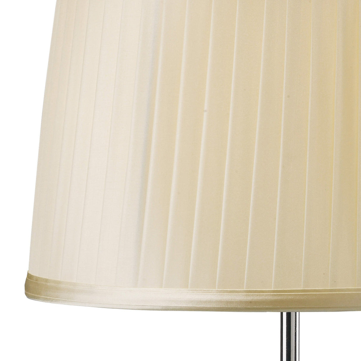 A close-up of the Willow 1 Light Crystal Table Lamp shows its cream pleated shade with vertical lines and a smooth texture, while the chrome base adds a modern accent to this elegant piece.