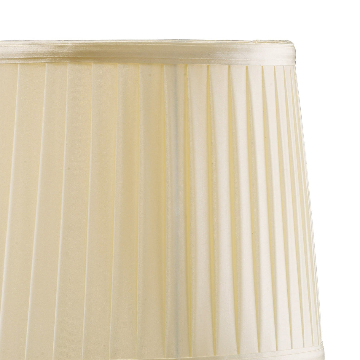 Close-up of the Willow 1 Light Crystal Table Lamp in chrome, featuring a cream pleated lampshade with a smooth satin finish and vertical lines. Only the top half is visible against a white background.