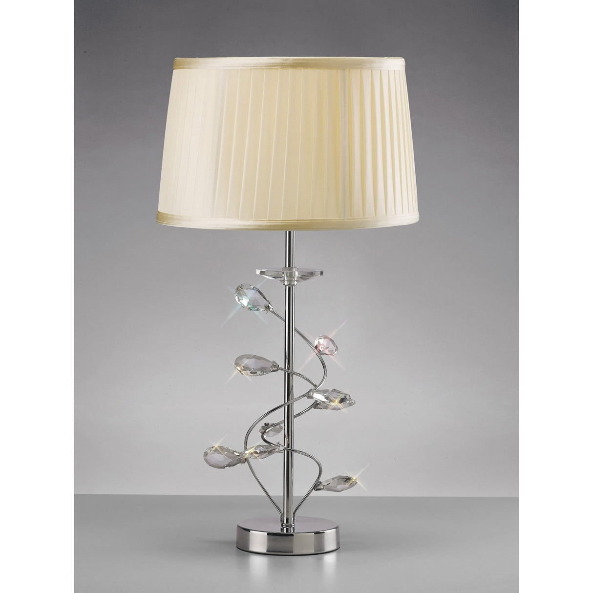 The Willow 1 Light Crystal Table Lamp features a chrome base, crystal-like accents on curved branches, and a pleated cream shade for a modern, elegant look.