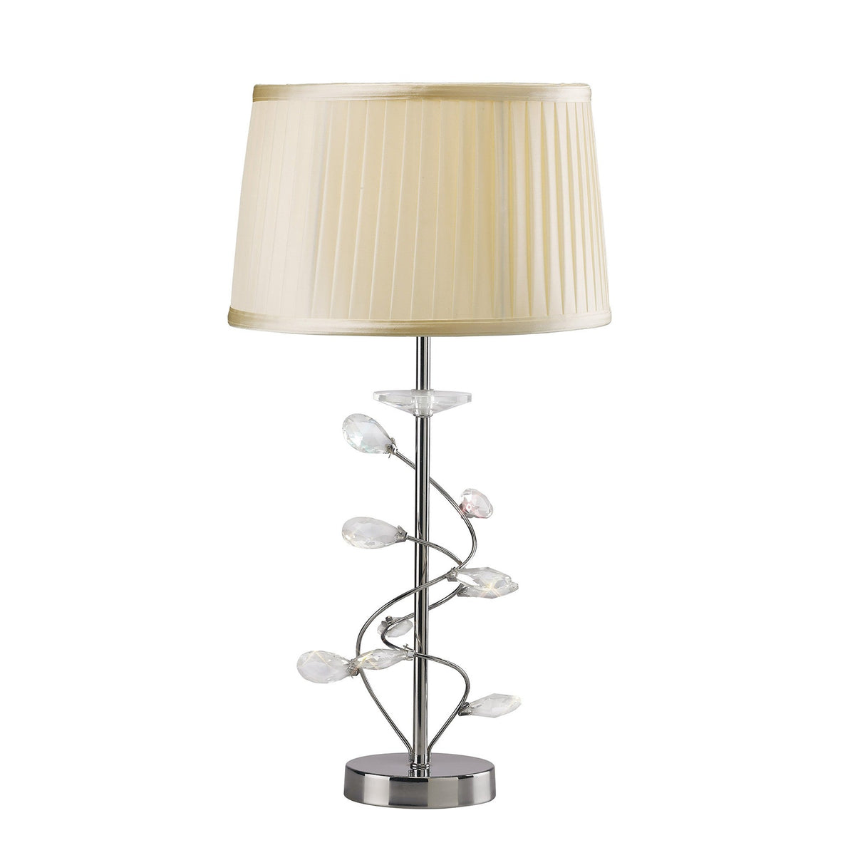 The Willow 1 Light Crystal Table Lamp features a chrome base, clear crystal leaf accents on the stem, and a cream pleated shade for a touch of contemporary elegance.