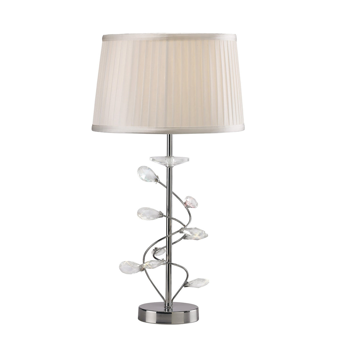 The Willow 1 Light Crystal Table Lamp features a vine-inspired chrome base adorned with clear crystal accents and is topped with a pleated white shade for a modern touch.
