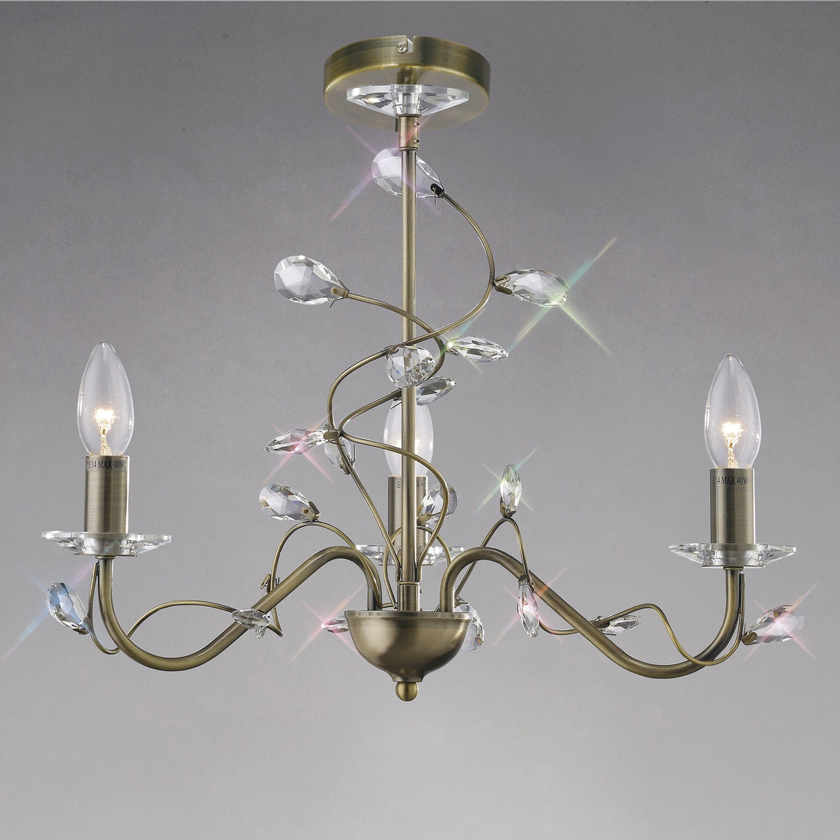 Willow 3 Light Crystal Chandelier - Antique Brass (Without Shade)