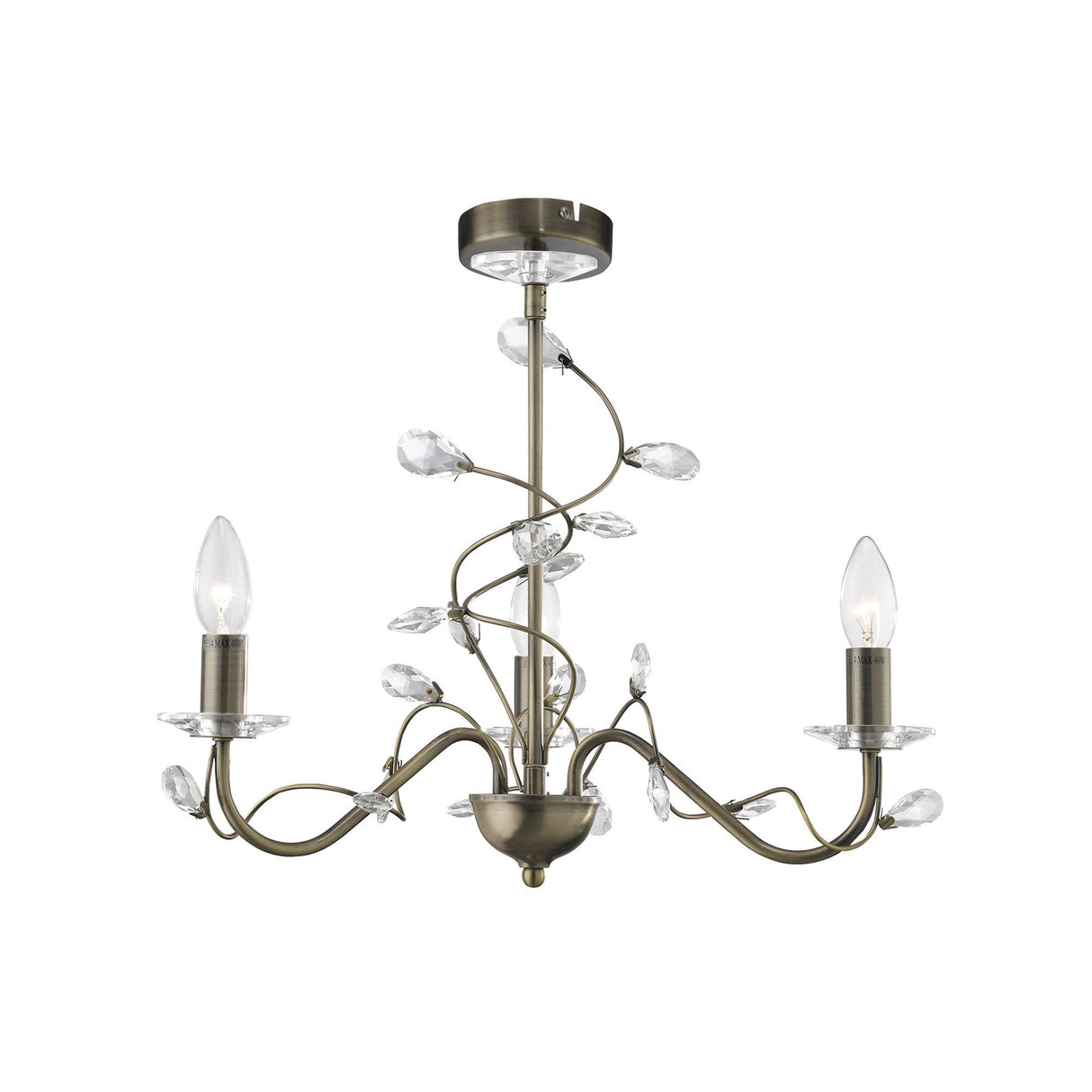 Willow 3 Light Crystal Chandelier - Antique Brass (Without Shade)