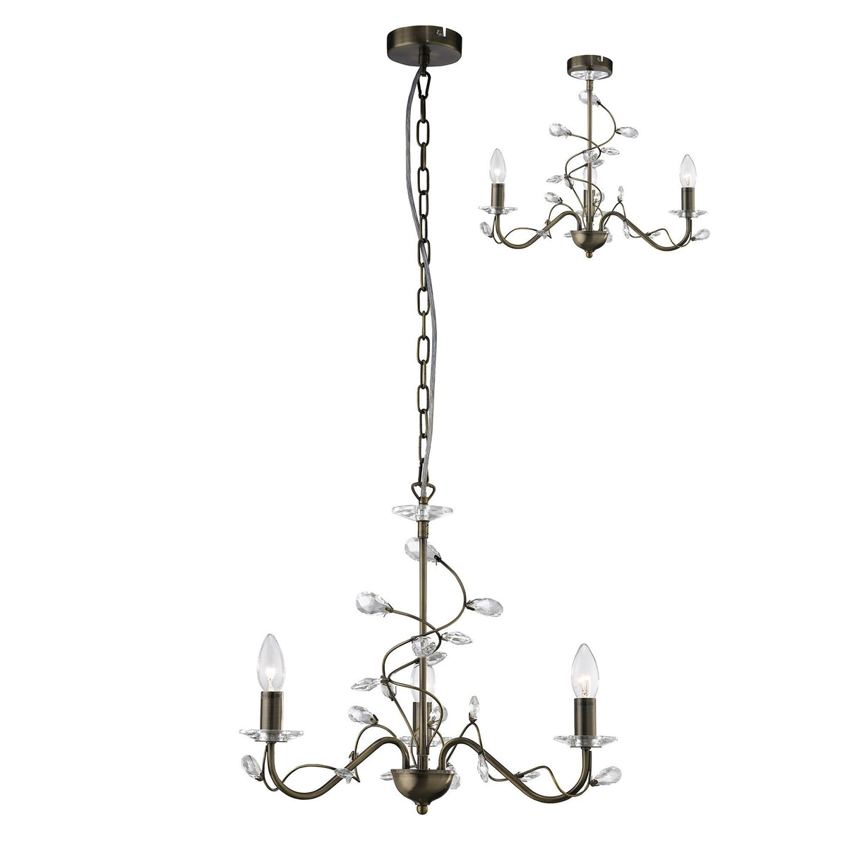Willow 3 Light Crystal Chandelier - Antique Brass (Without Shade)