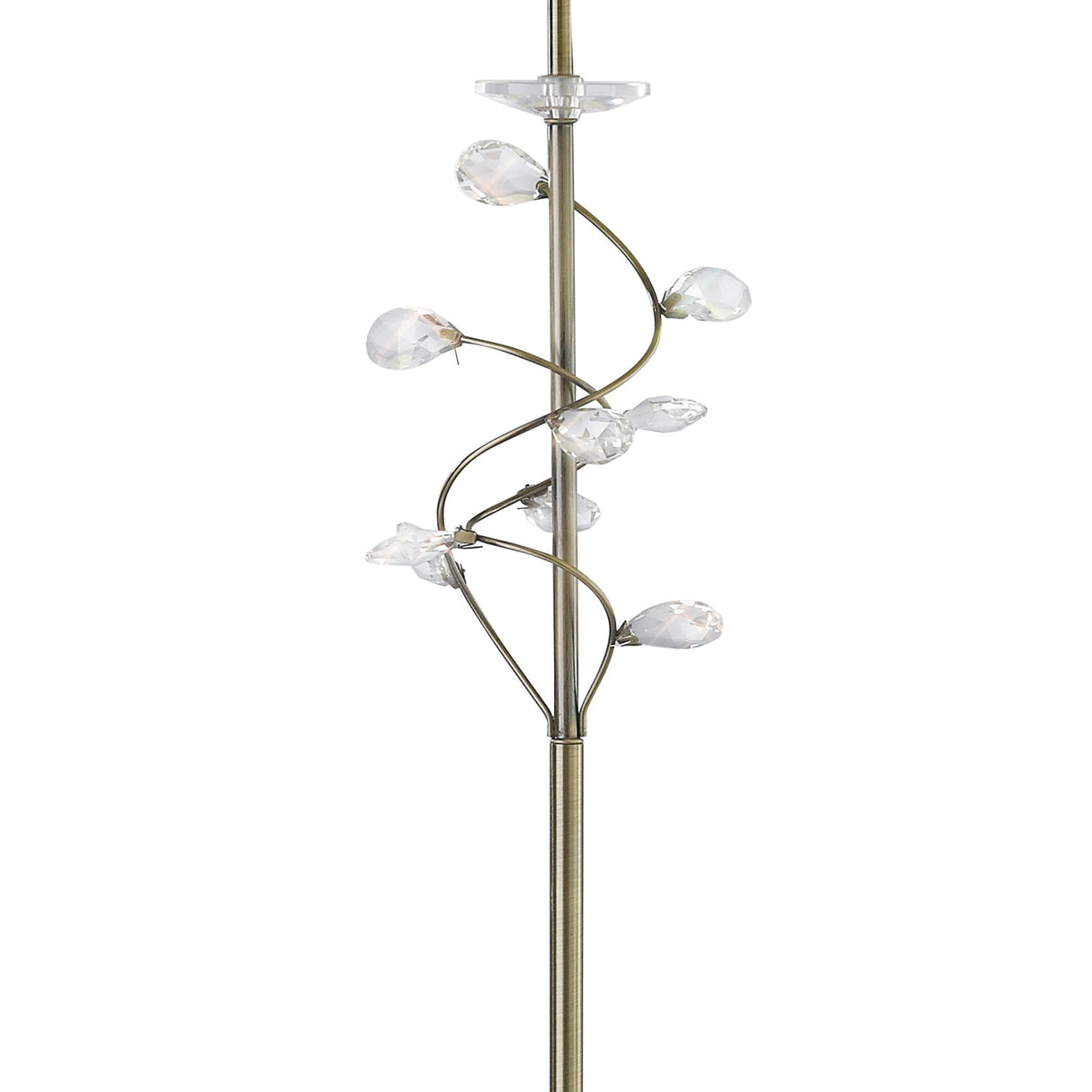 The Willow 1 Light Crystal Floor Lamp features slender brass branches adorned with clear crystal accents and is topped with a cream shade for an elegant look.
