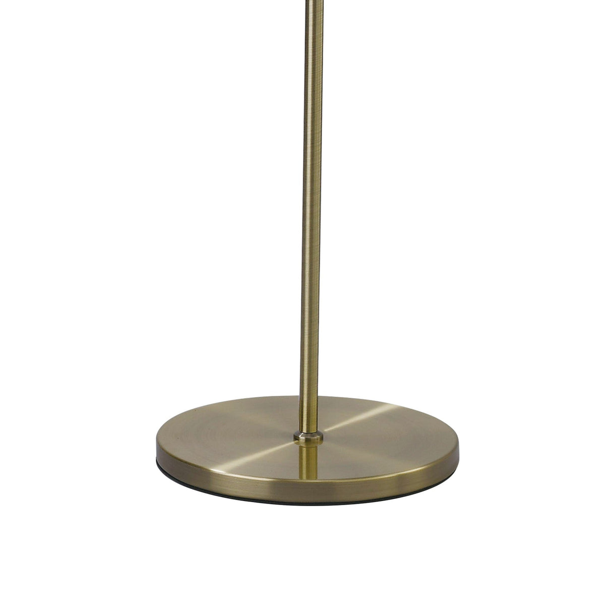 A close-up of the Willow 1 Light Crystal Floor Lamp’s round brass base with a slender vertical pole, its smooth metallic finish perfectly complementing the classic cream shade and crystal accents.