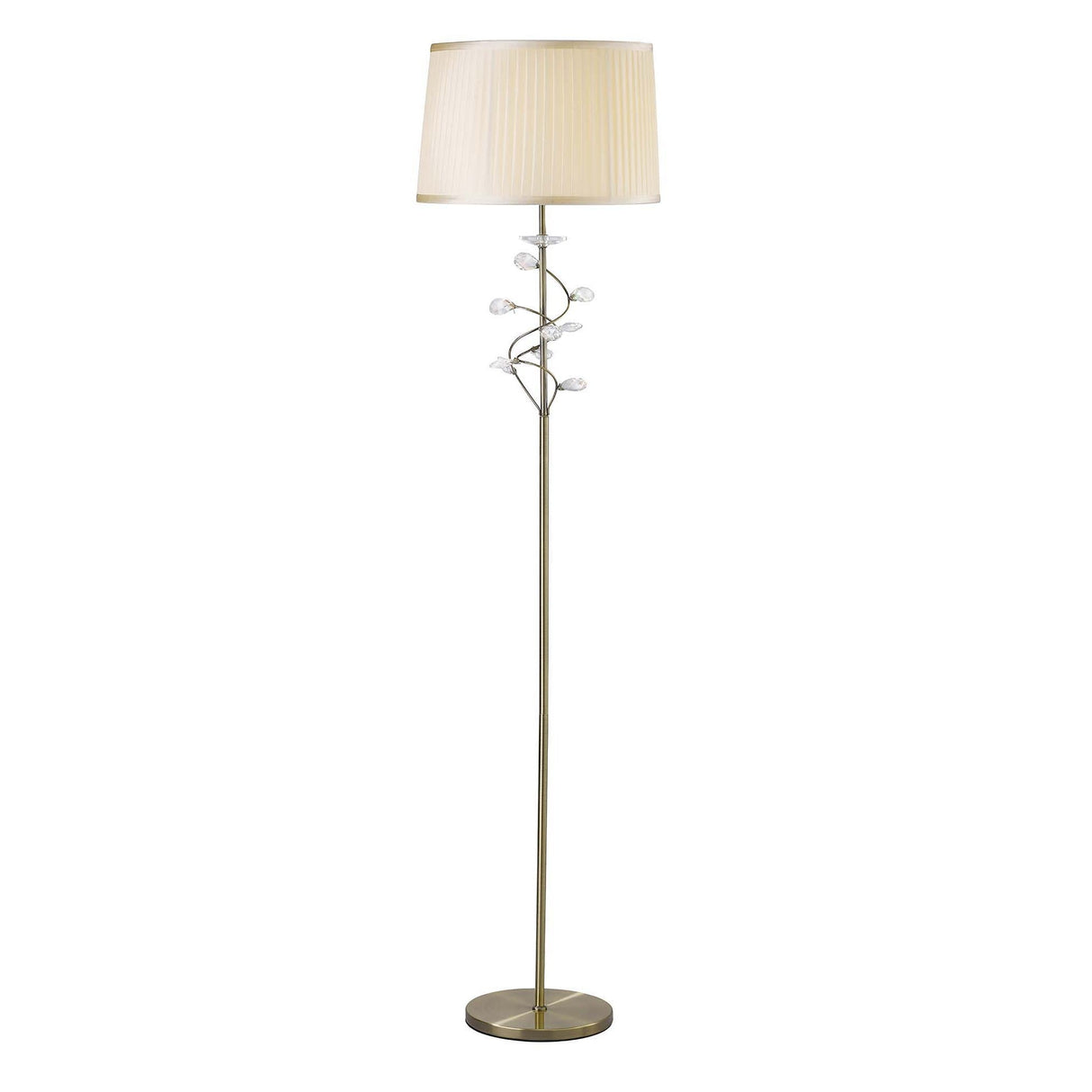 The Willow 1 Light Crystal Floor Lamp features an antique brass finish, a round base, slender stand, cream shade, and decorative crystal accents branching beneath the shade.