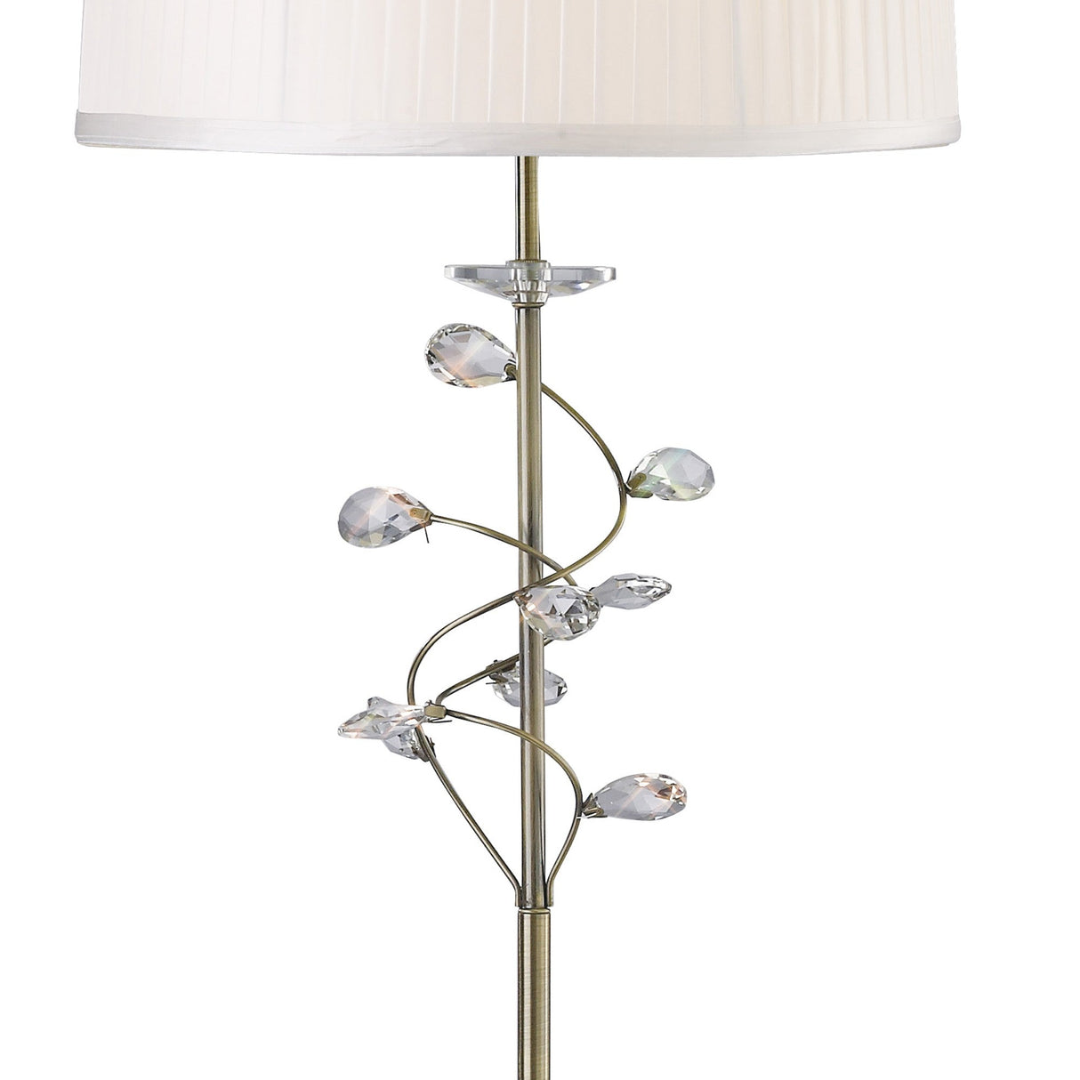 The Willow 1 Light Crystal Floor Lamp features an antique brass stand with clear crystal leaf accents on curved branches and a white pleated shade.