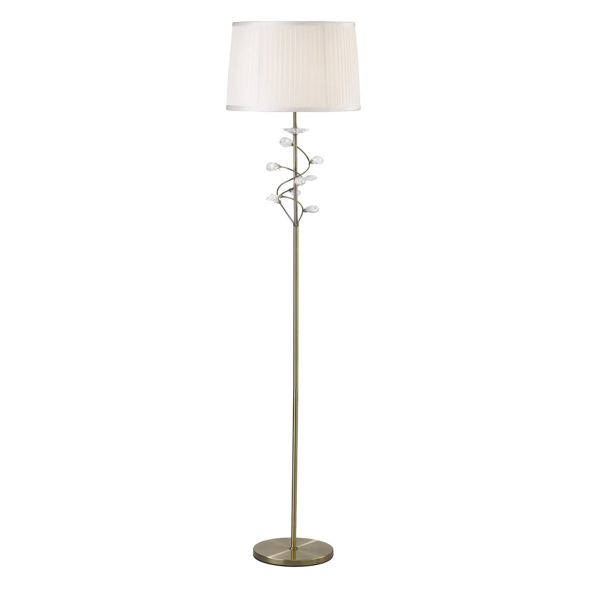 The Willow 1 Light Crystal Floor Lamp features a slender brass stand, crystal accents, round base, and a white drum shade—adding elegance to any room.