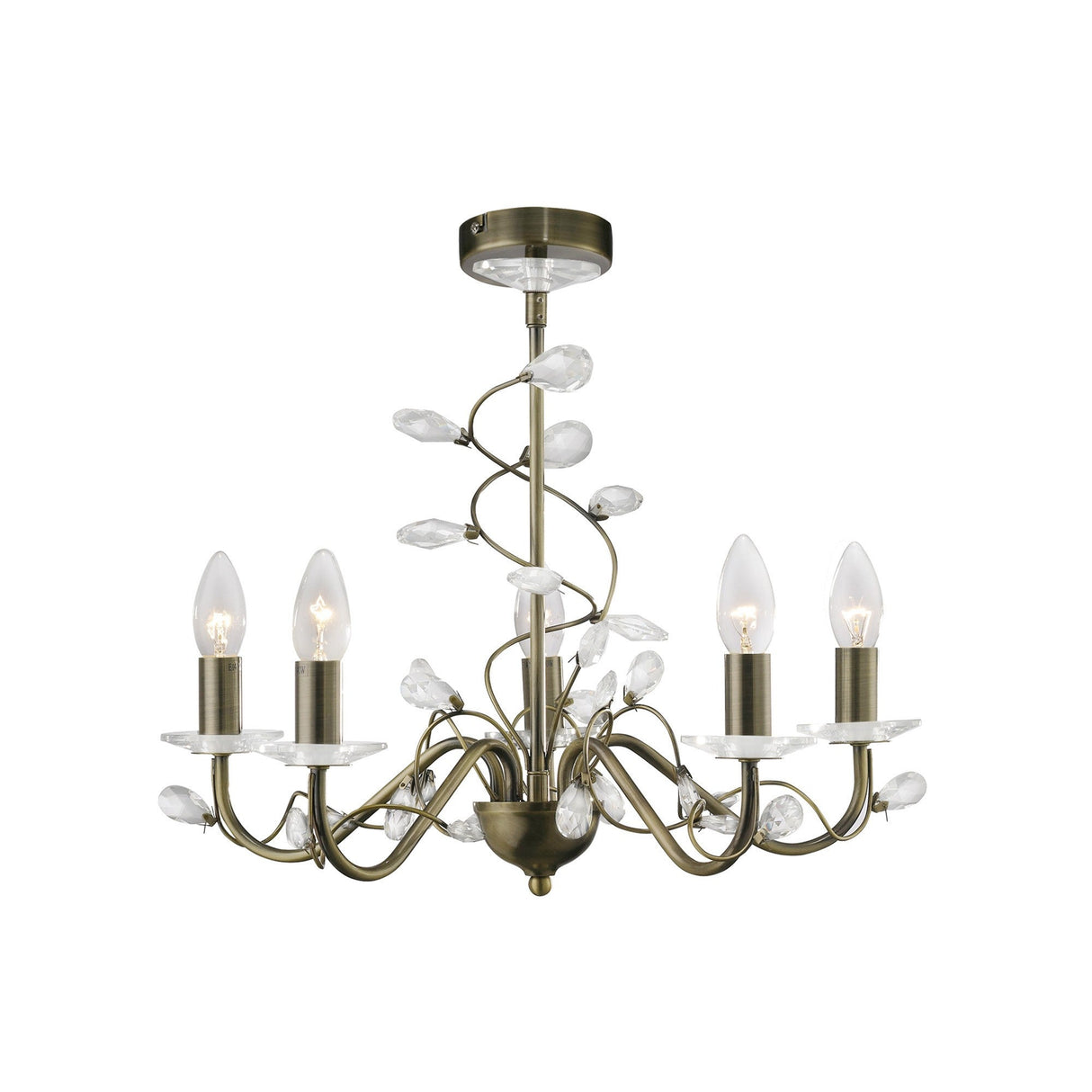 Willow 5 Light Crystal Chandelier - Antique Brass (Without Shade)