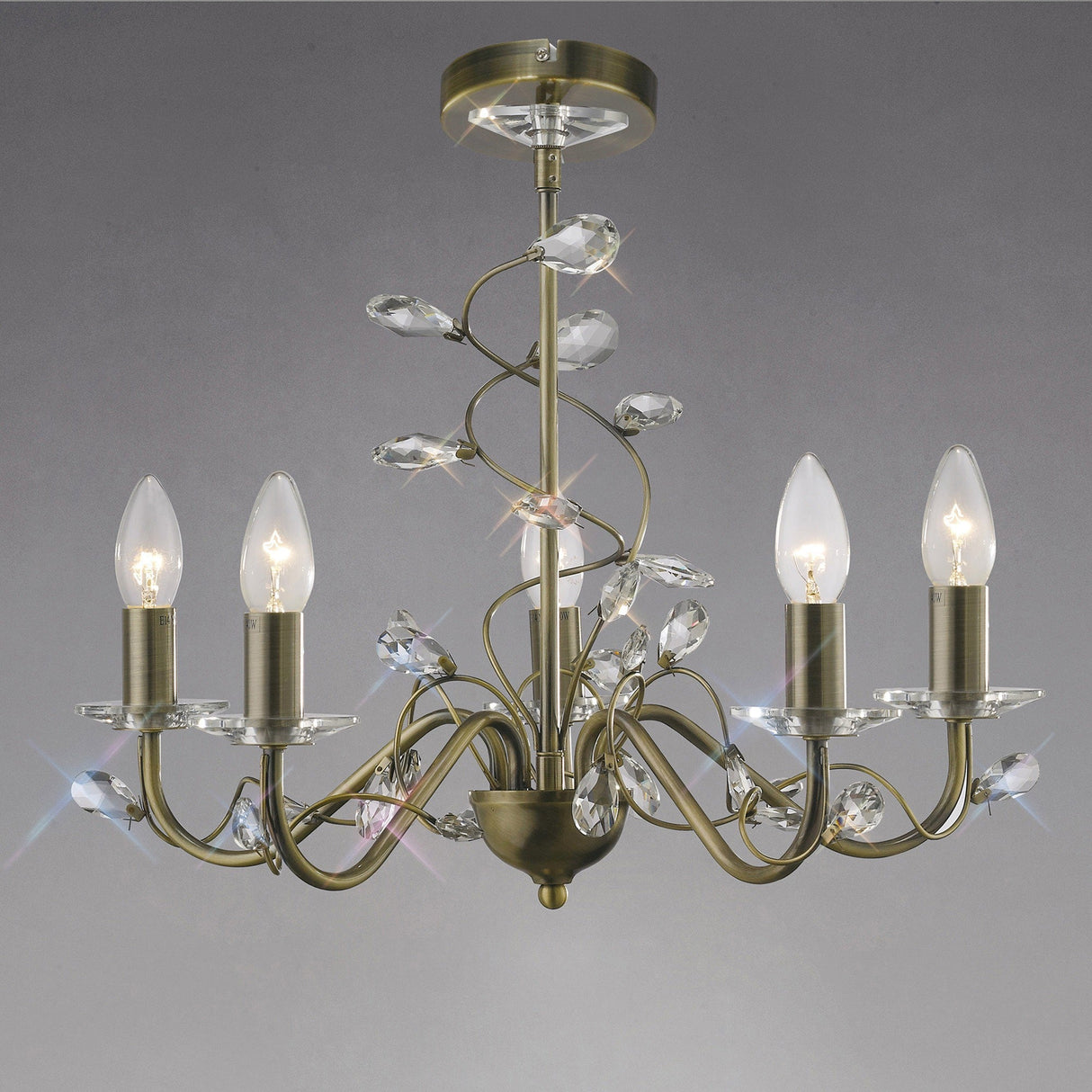 Willow 5 Light Crystal Chandelier - Antique Brass (Without Shade)