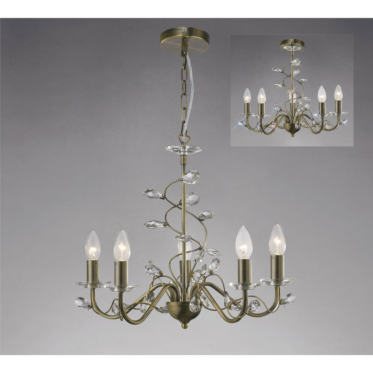 Willow 5 Light Crystal Chandelier - Antique Brass (Without Shade)