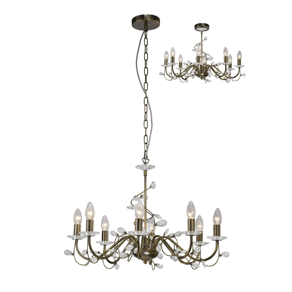 Willow 8 Light Crystal Chandelier - Antique Brass (Without Shade)